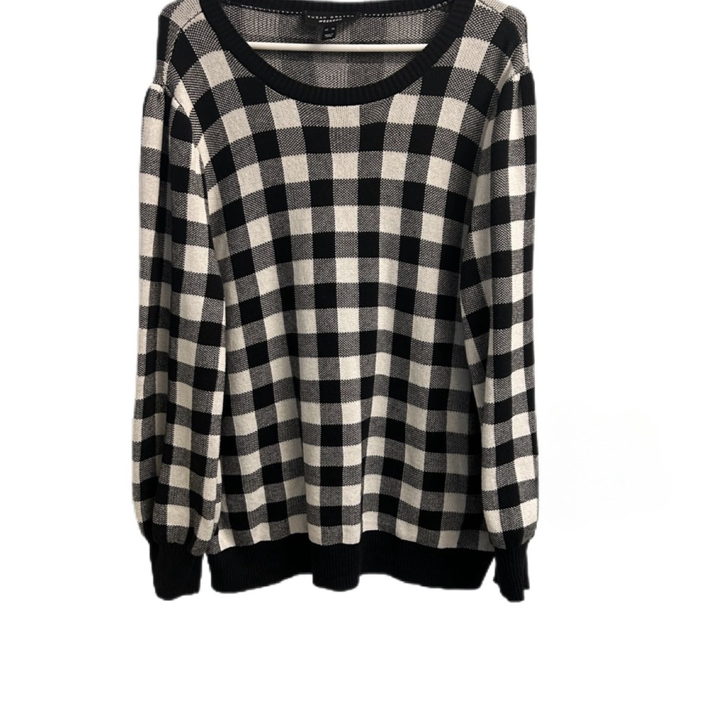 Susan Graver Balloon Sleeve Gingham Print Sweater Size XL